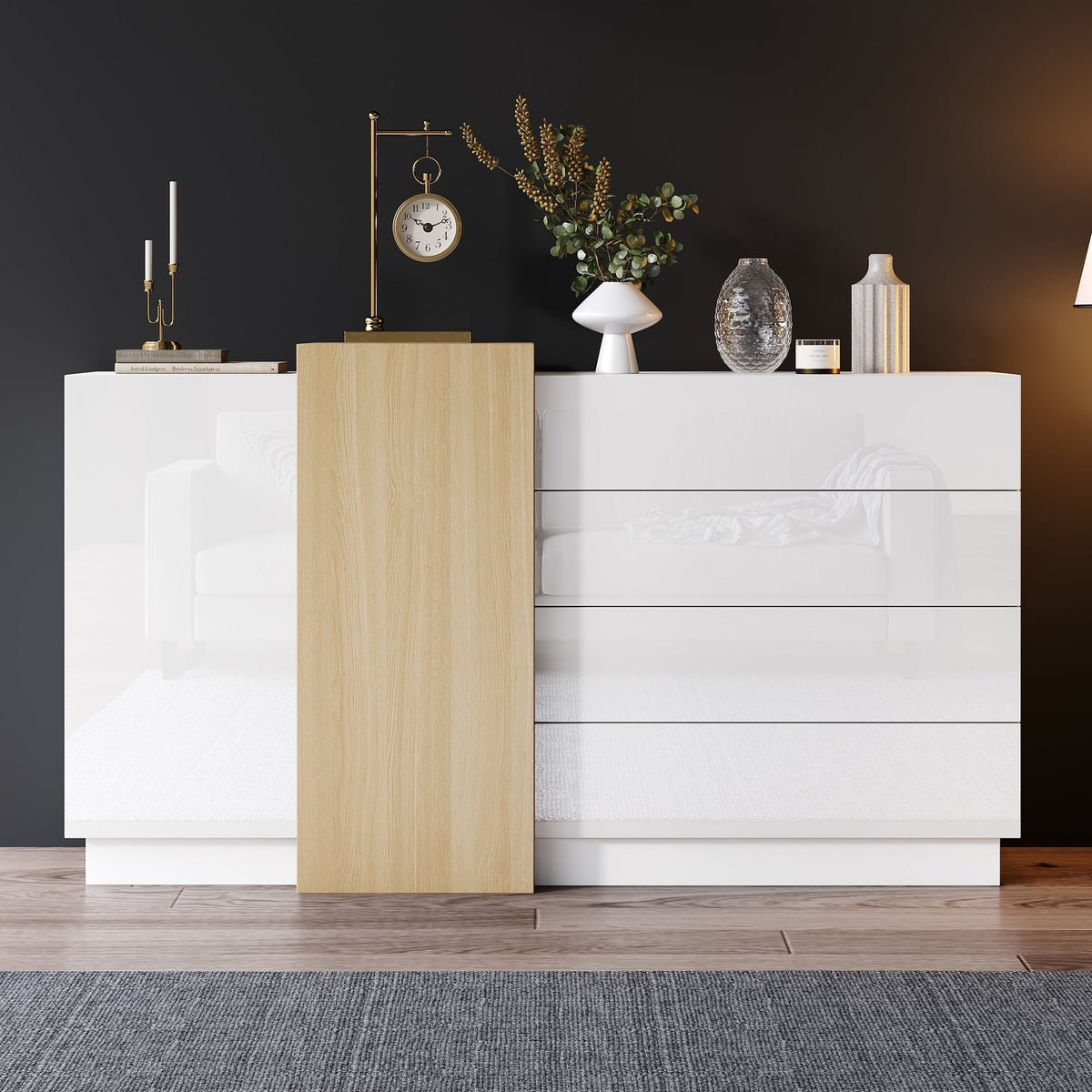 Sideboard Storage Cabinet, High-Gloss Modern Wood-Colored White