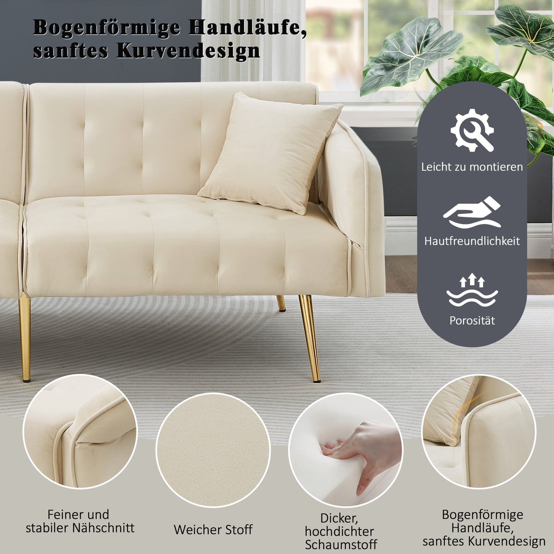 Two-seater Sofa Bed Multifunctional Adjustable Backrest Velour Upholstery