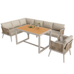 L-Shaped Garden Sofa Set with Coffee Table and Armchair, Seven-Seater Weatherproof Iron, Grey and Beige