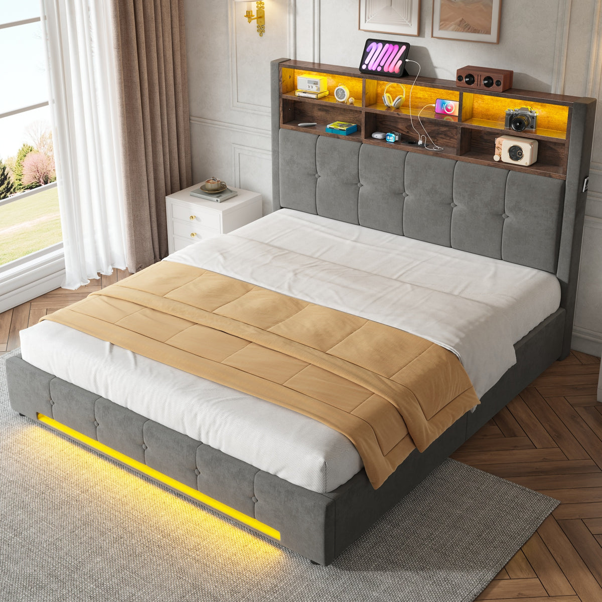 Storage Bed 160x200 with LED & USB Headboard, Velvet