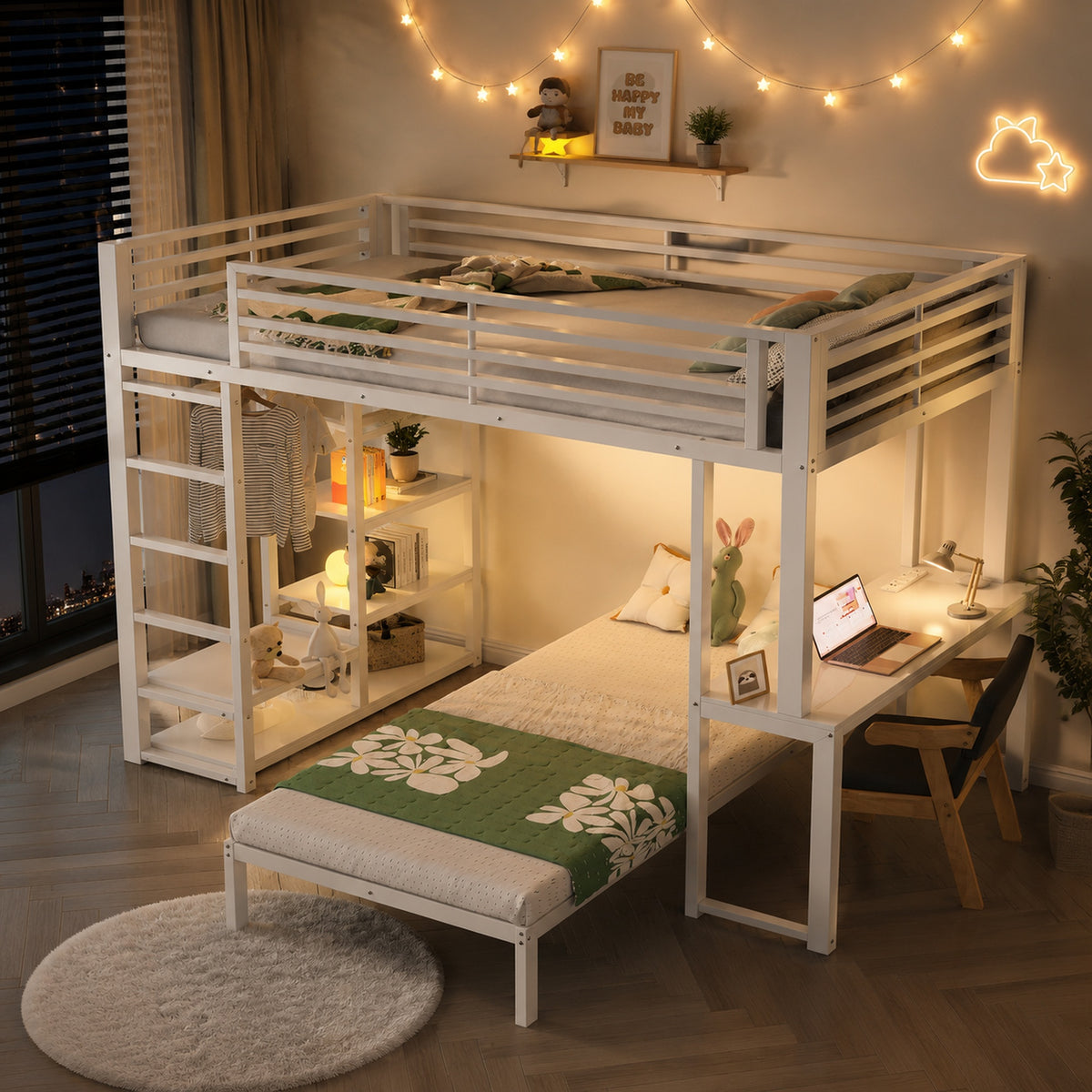 Bunk Bed 90x200cm with Desk & Shelves, White Metal