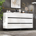 Living Room Sideboard, 6-Drawer High-Gloss Cabinet with Metal Legs, White/Black