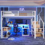 Loft Bed with Desk, LED Lighting and Storage Staircase, 140 x 200 cm, White