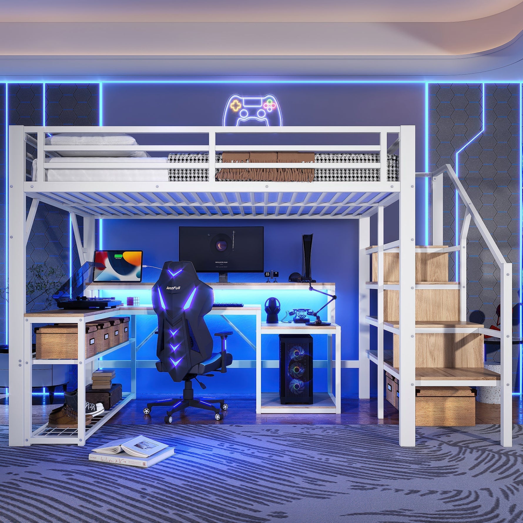 Loft Bed with Desk, LED Lighting and Storage Staircase, 140 x 200 cm, White