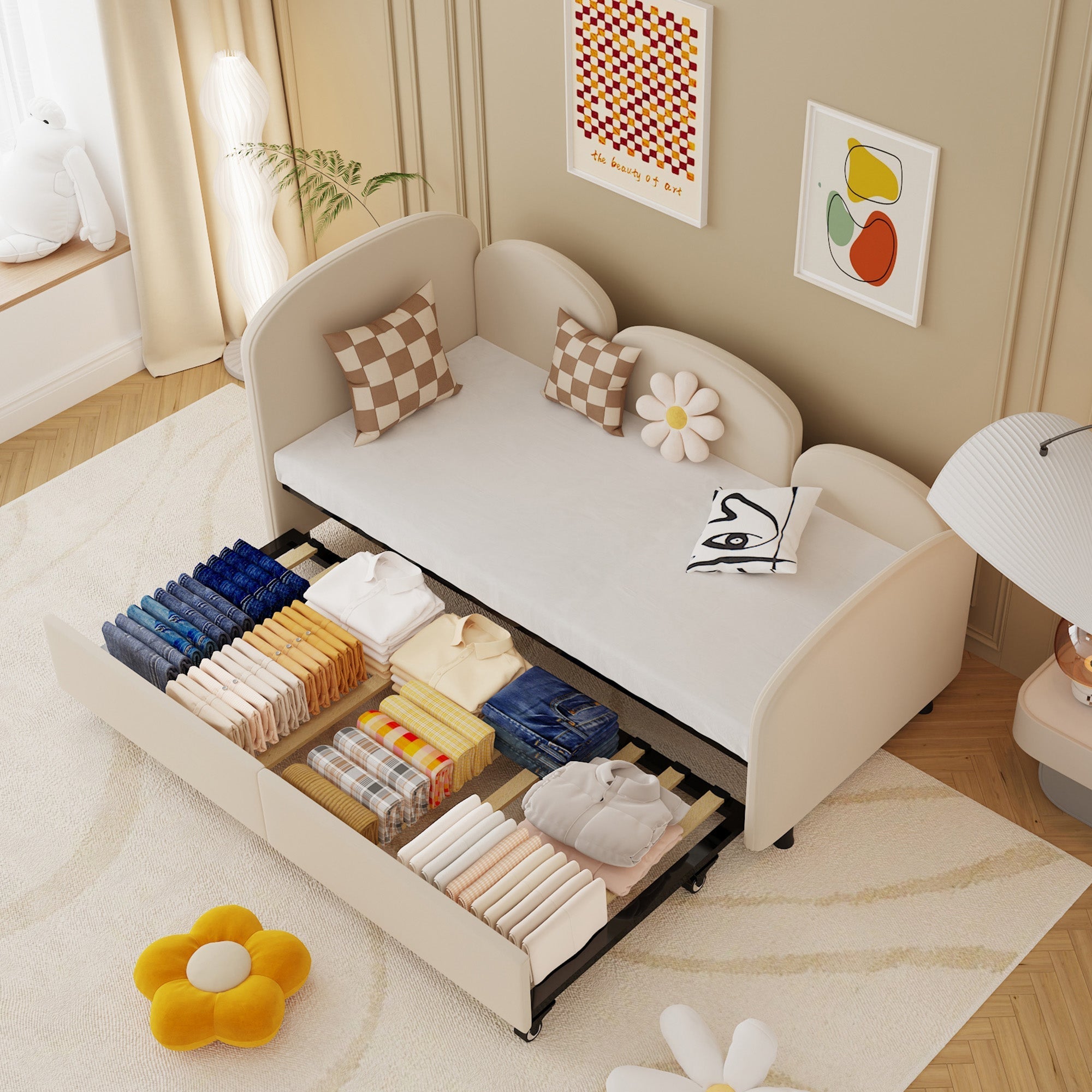 SOFTSEA Twin Size Daybed with Storage Drawers, Modern Sofa Bed, Velvet Upholstered