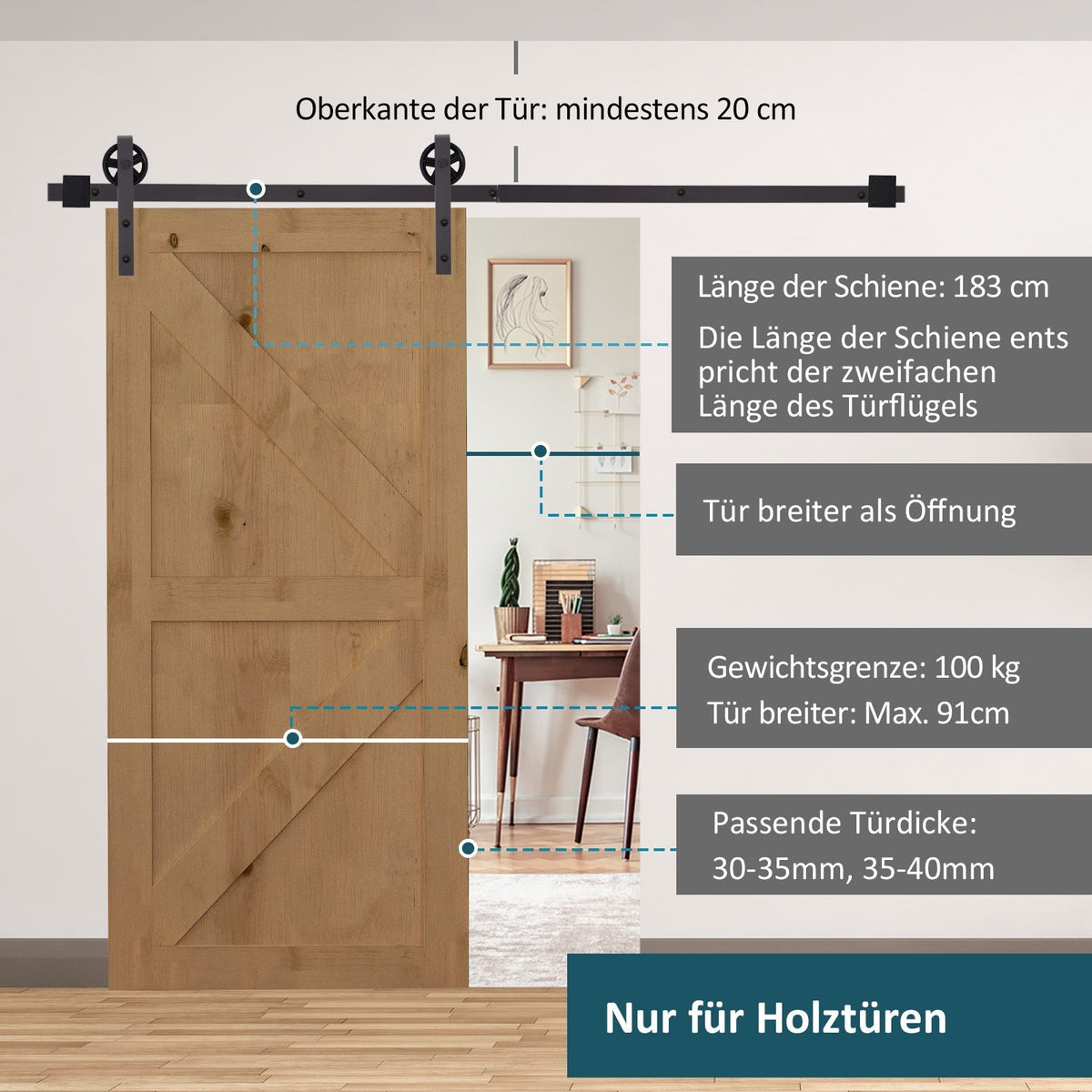 Sliding Door Hardware Kit, 183 cm Complete Set, Carbon Steel Dark Brown