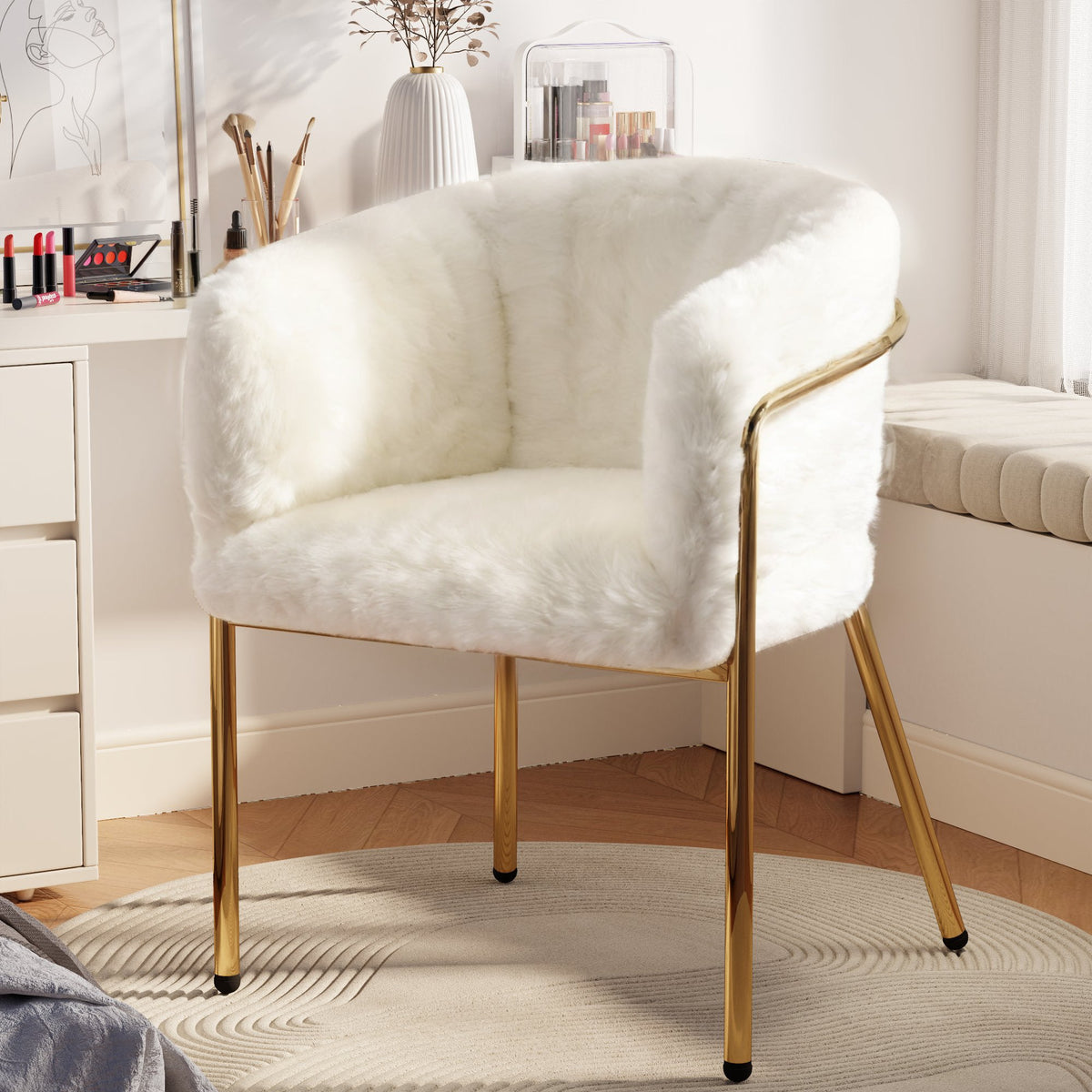 Leisure Chair Set of 2, Dressing/Dining, Metal Legs, Imitation Rabbit Down Beige