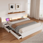 Double Bed 180x200cm LED USB App Control 2 Nightstands Storage - White Wood