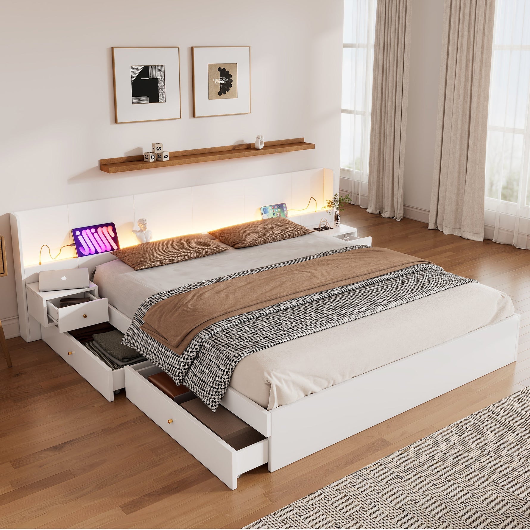 Double Bed 180x200cm LED USB App Control 2 Nightstands Storage - White Wood