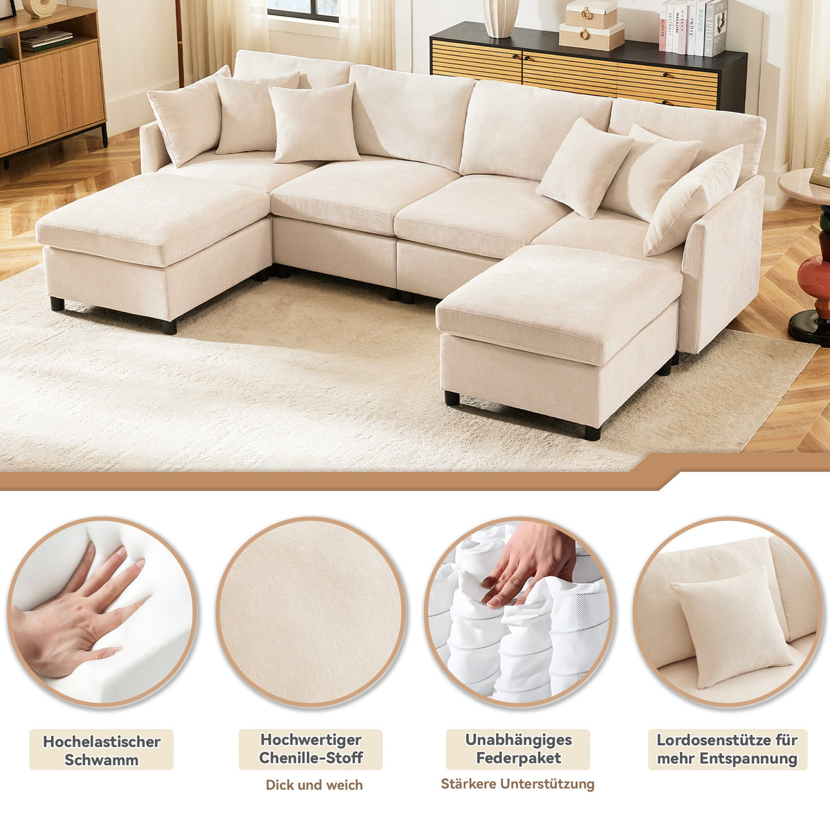 Modern Chenille Sofa Modular Detachable Footstool L-Shaped U-Shaped, Chenille