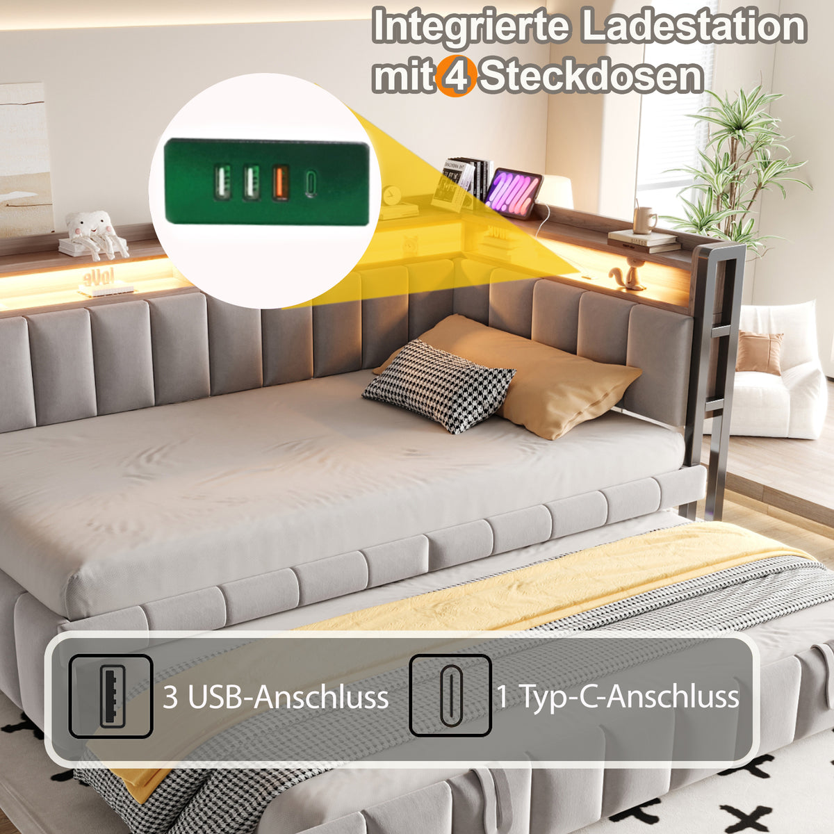 Upholstered Sofa Bed 90x200cm with Pull-Out Bed, Light Grey Velvet