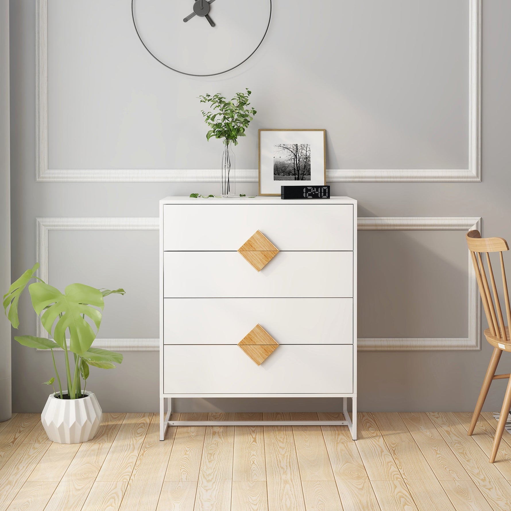 Solid Wood Dresser, 4 Drawers Special Shape Handle, Solid Wood