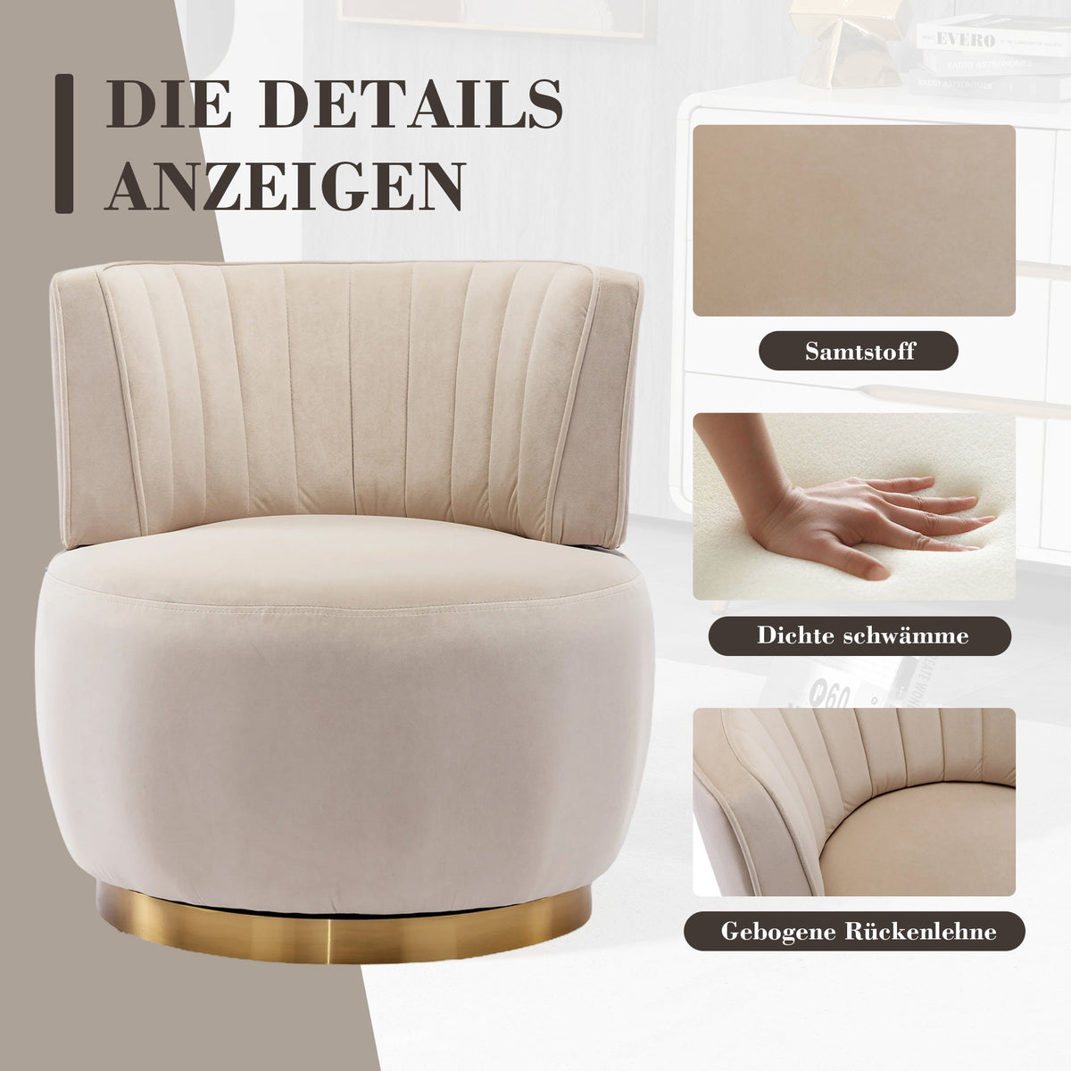 Swivel Chair 360° Round Velvet Barrel - Beige