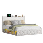 Upholstered Double Bed 160x200cm, USB LED & 6 Drawers, White Plush