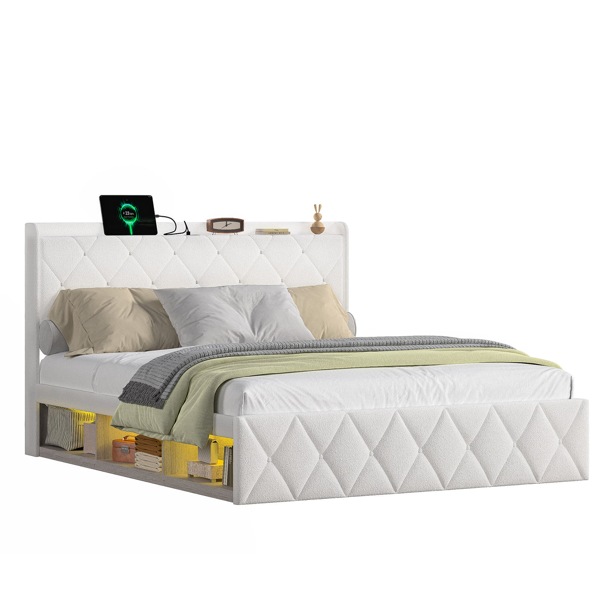 Upholstered Double Bed 160x200cm, USB LED & 6 Drawers, White Plush
