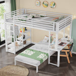 Bunk Bed 90x200cm with Desk & Shelves, White Metal