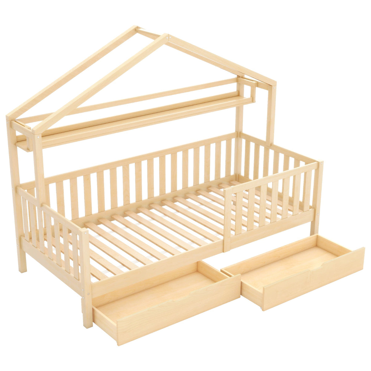 Children's House Bed 90x200cm with Drawers Slatted Base Pine Wood Natural