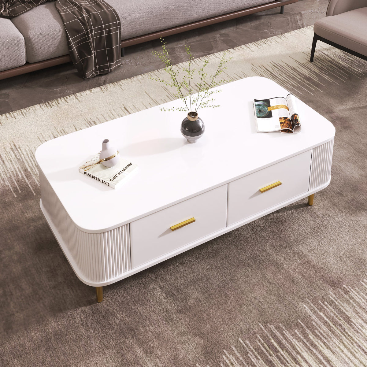 Coffee Table with Drawers, Curved Corners, Wavy Sides, Gold