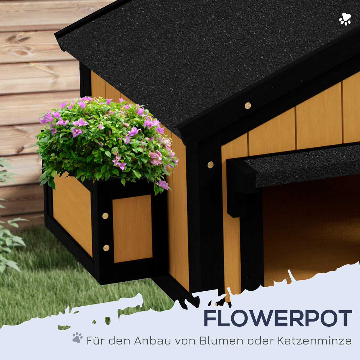 Cat House, 2-Level Outdoor Hut with Flower Box, Fir Wood Yellow