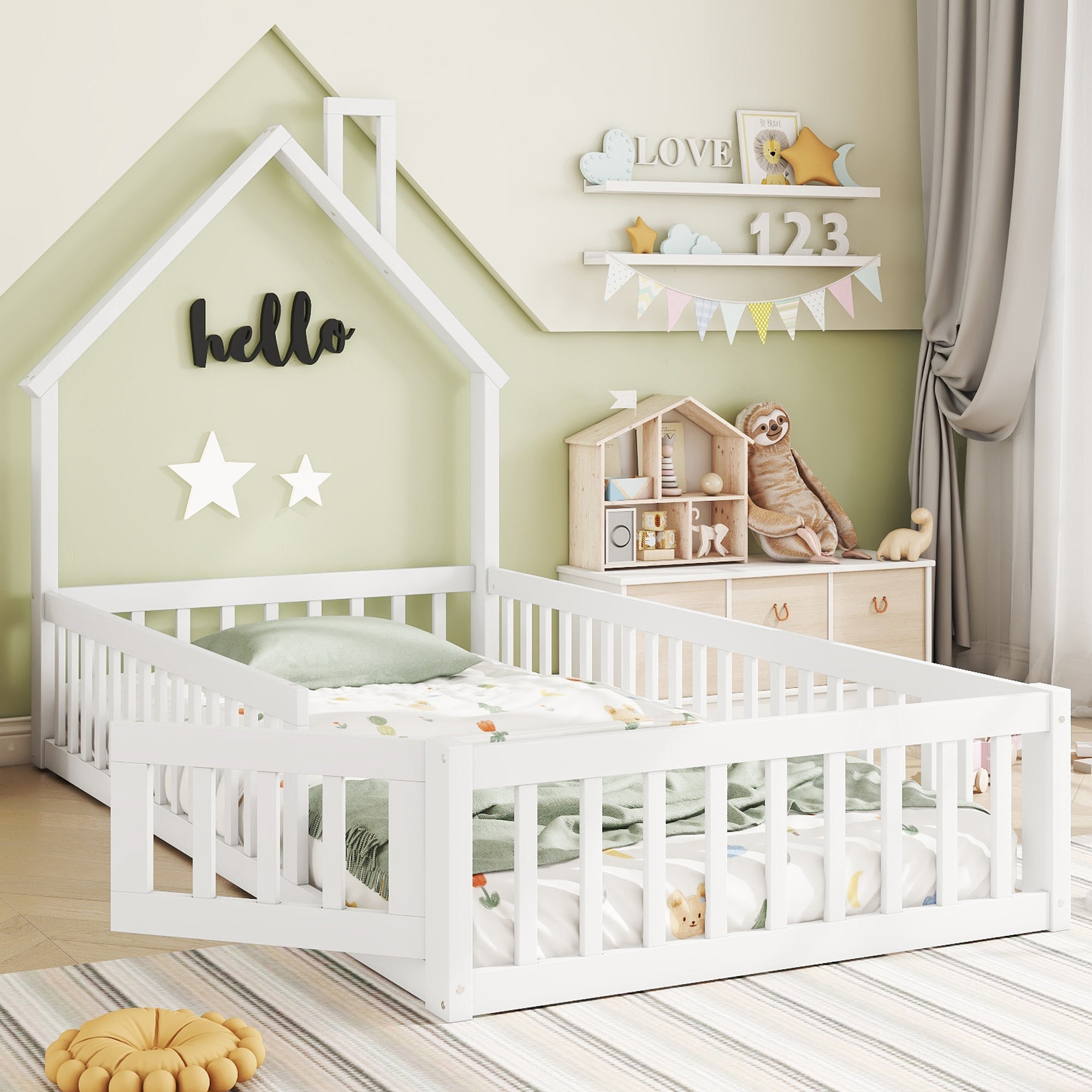 House Bed 90x200cm Chimney Shape with Slatted Base Pine Wood, White