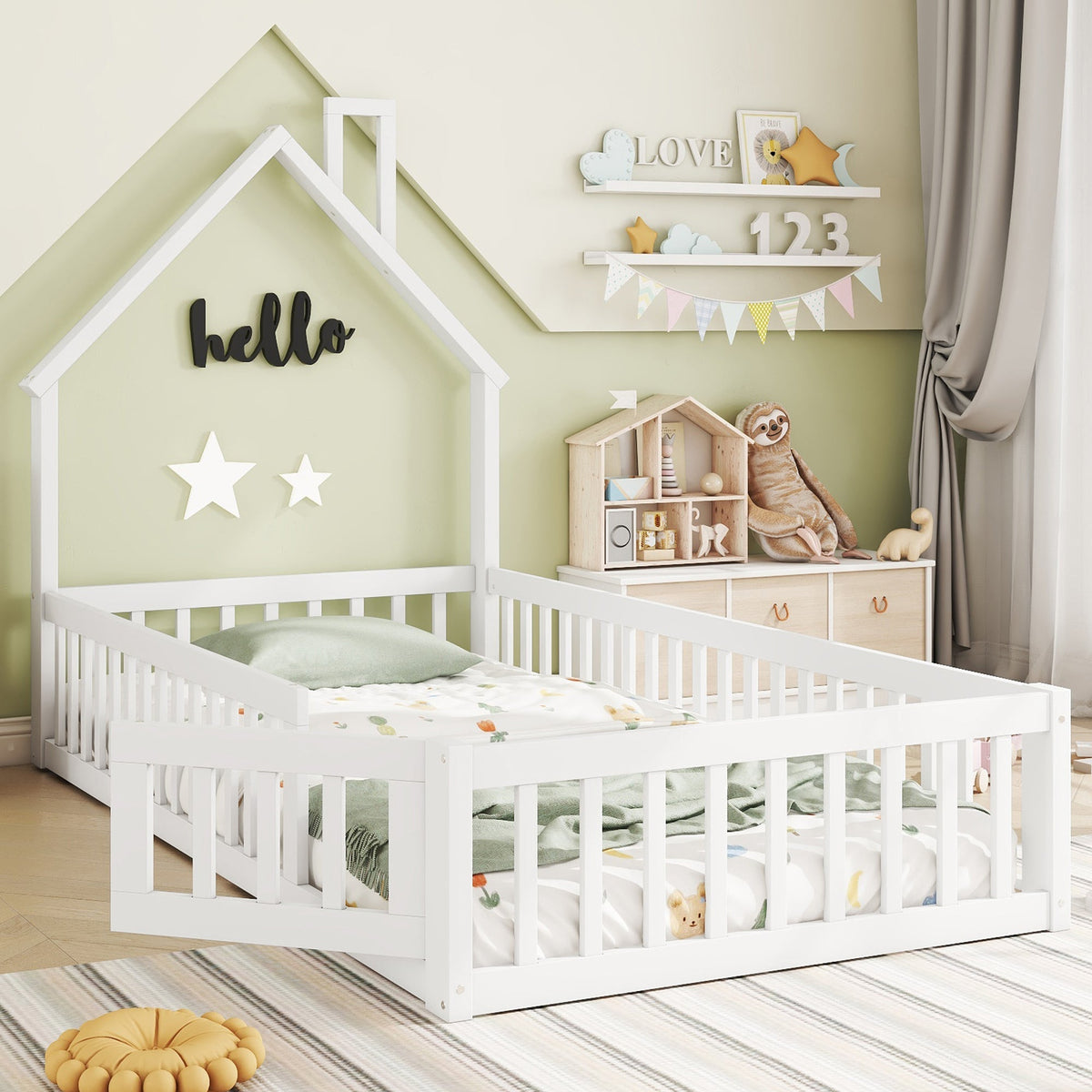 House Bed 90x200cm Chimney Slatted Base - White Pine Wood