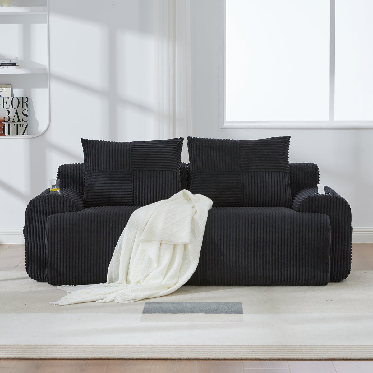 Modular Corduroy Sofa for 2 People, Combinable with Cup Holder and Storage Pocket, Black