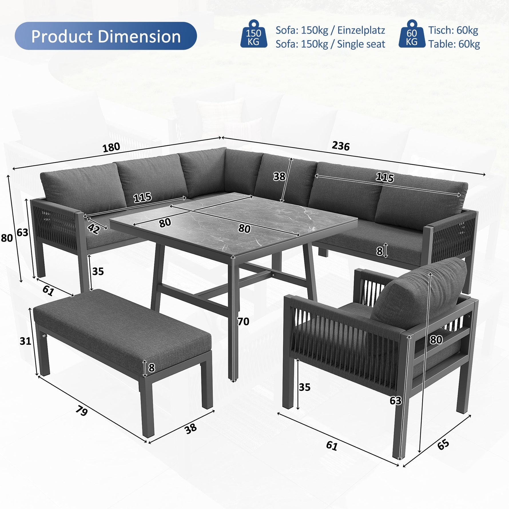 L-Shaped Garden Sofa Set Handwoven 8-Seater Iron Frame Table 2 Armchairs - Grey