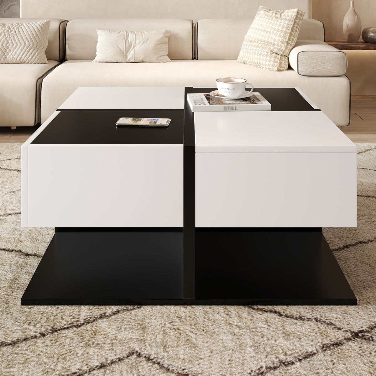 Modern Coffee Table with 2 Drawers, Square Living Room Table, 70x70x35.5 cm, Black and White