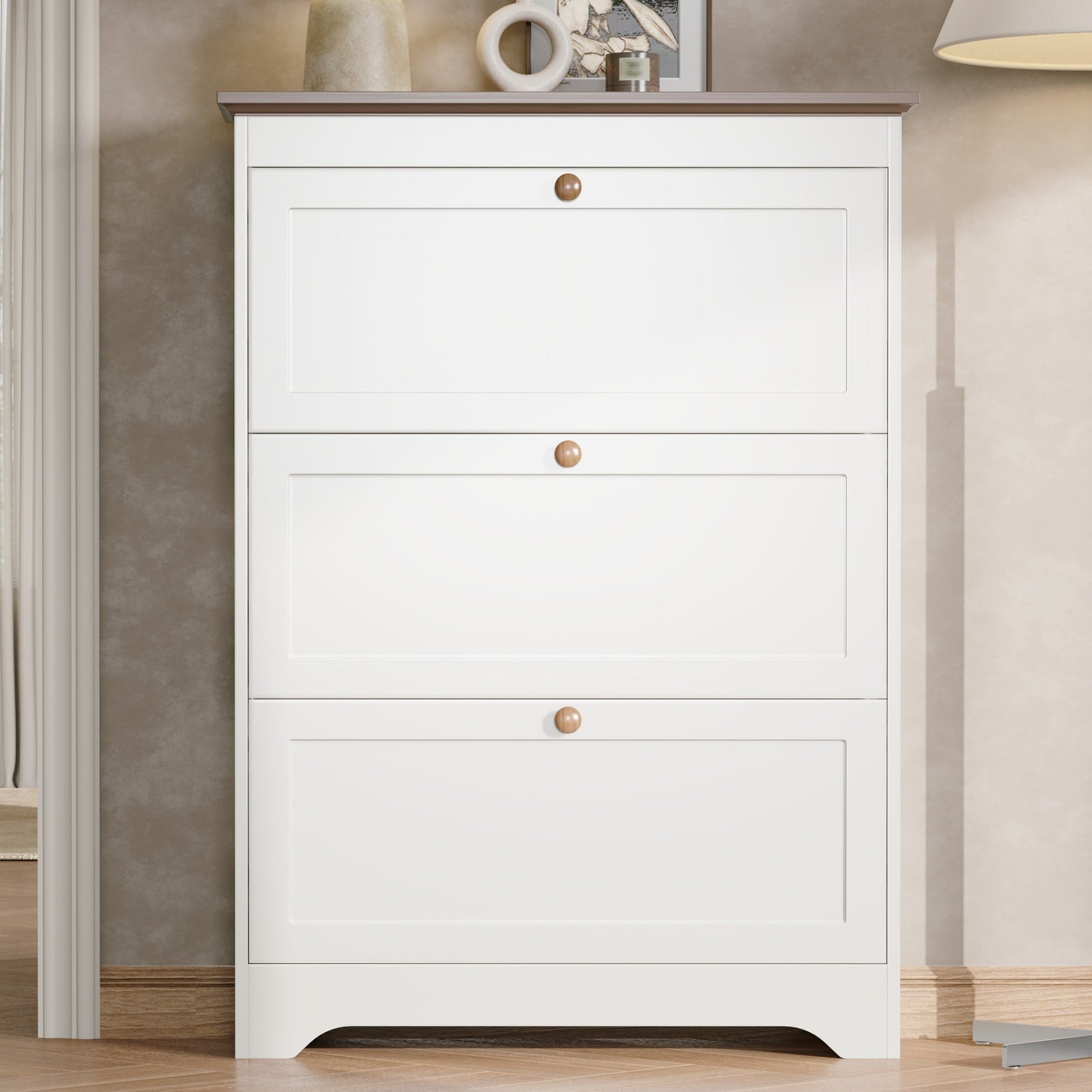 Shoe Cabinet with 3 Doors and Large Capacity, White Wood Look