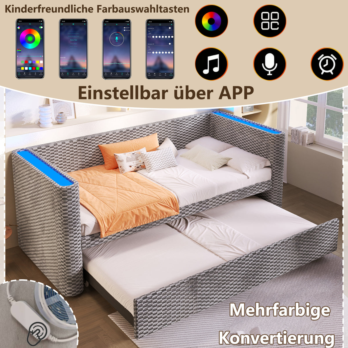 Daybed Sofa Bed, Pull-out LED Light 90/180x200cm, Grey Velvet