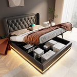 Upholstered Hydraulic Storage Bed with USB Type-C and 3-Sided LED, 180x200cm, Black PU