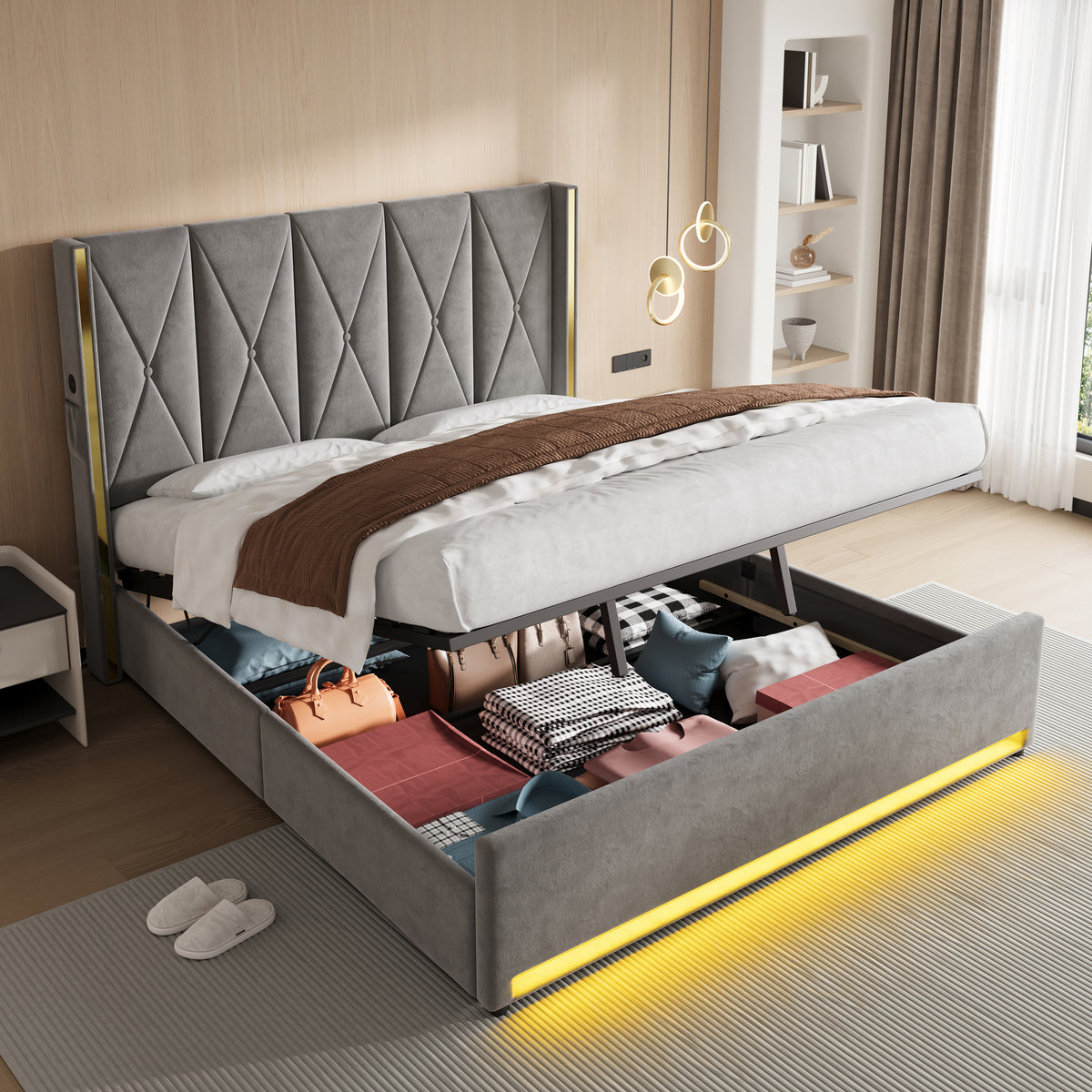 Padded Storage Bed 180x200cm with LED & USB, Velour