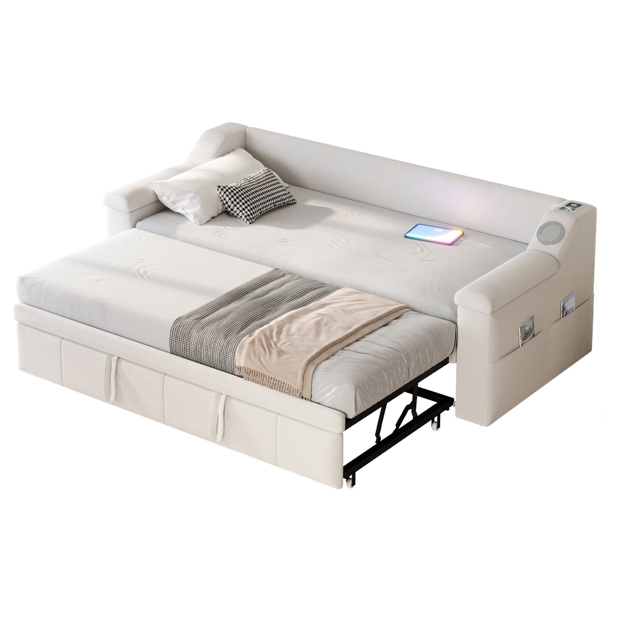 Sofa Bed, 90/180*190cm, Bluetooth, USB, Storage, Slatted Frame, Velvet Beige