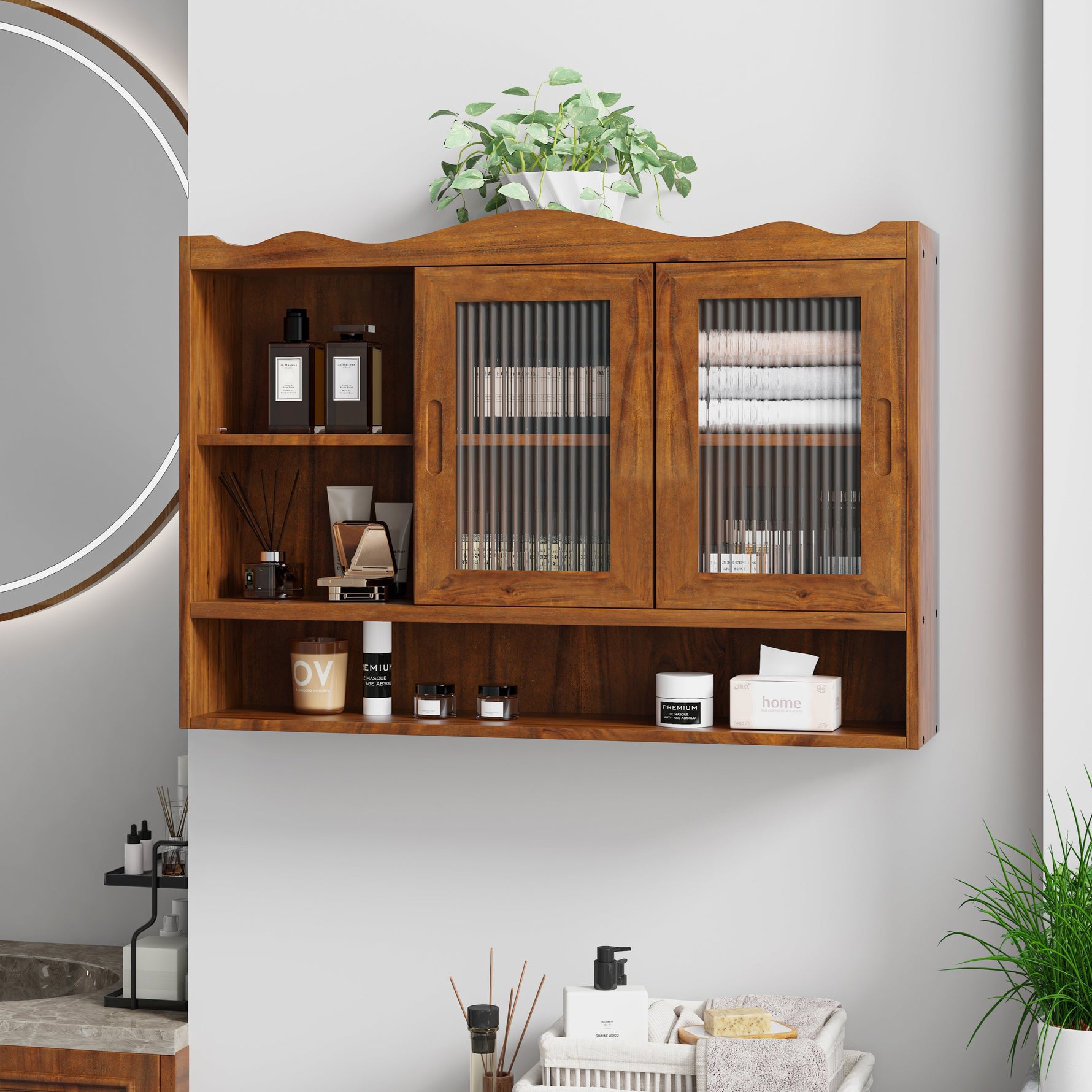 Retro Sliding Cabinet 90CM 2 Door 3-Layer Storage for Bathroom Kitchen Dining, Brown