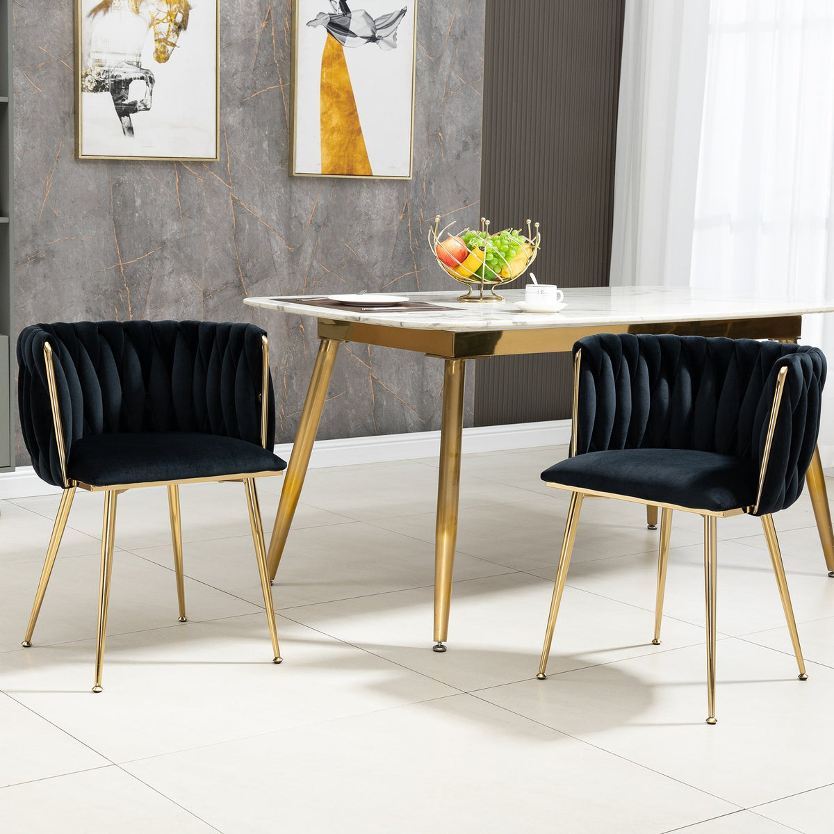 Dining Chair Set Modern Luxury Handwoven Gold Legs Soft Cushion Velvet (Set of 2)