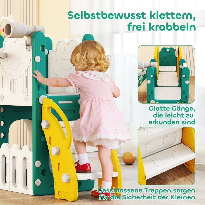 7-in-1 Toddler Slide Set with Basketball Hoop, Climbing Frame and Swing, Yellow and Green