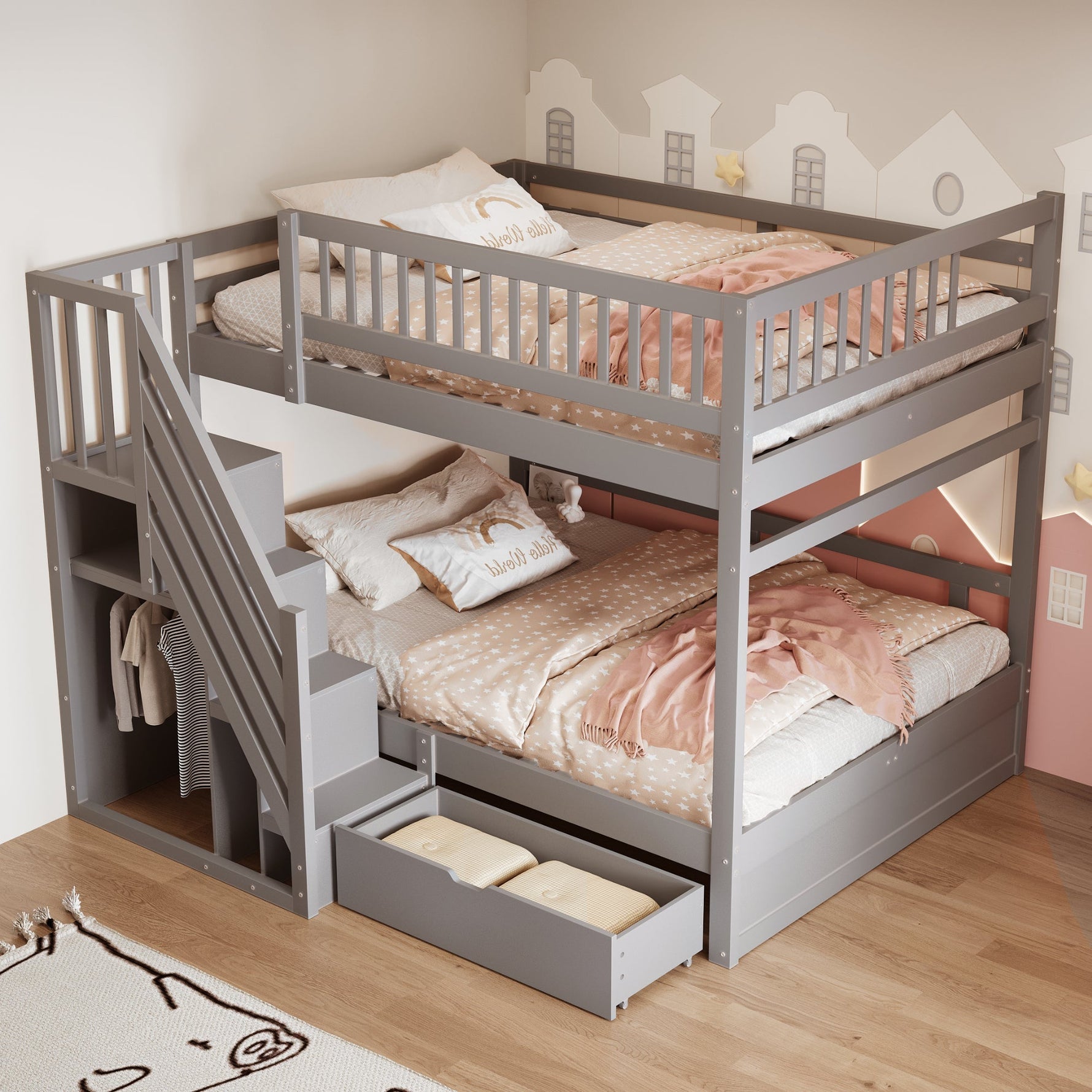 Solid Wood Bunk Bed 140x200cm High Safety Rail Storage Ladder Drawers, Grey