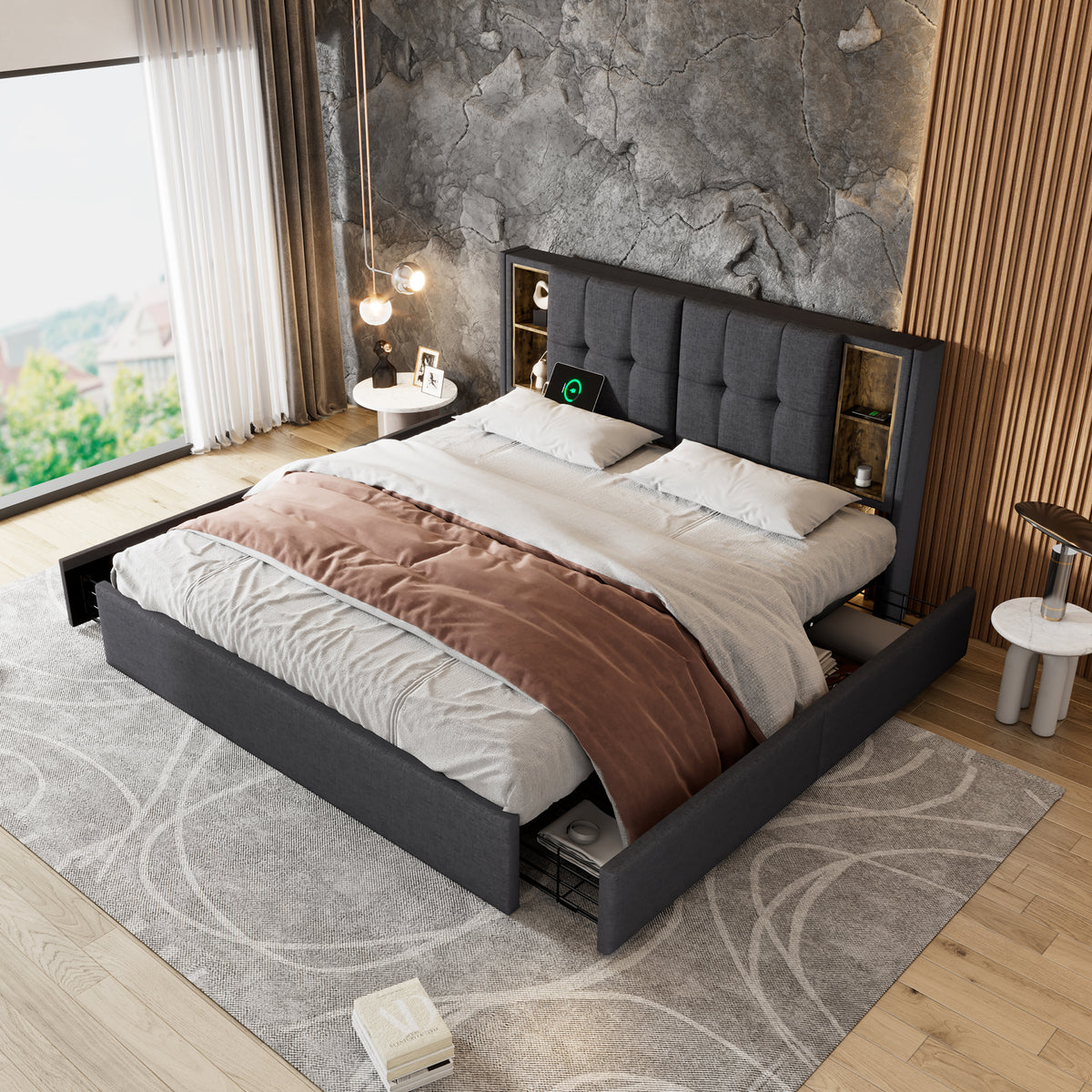 Upholstered Sofa Bed 140x200cm with Storage & LED, Dark Grey Velvet