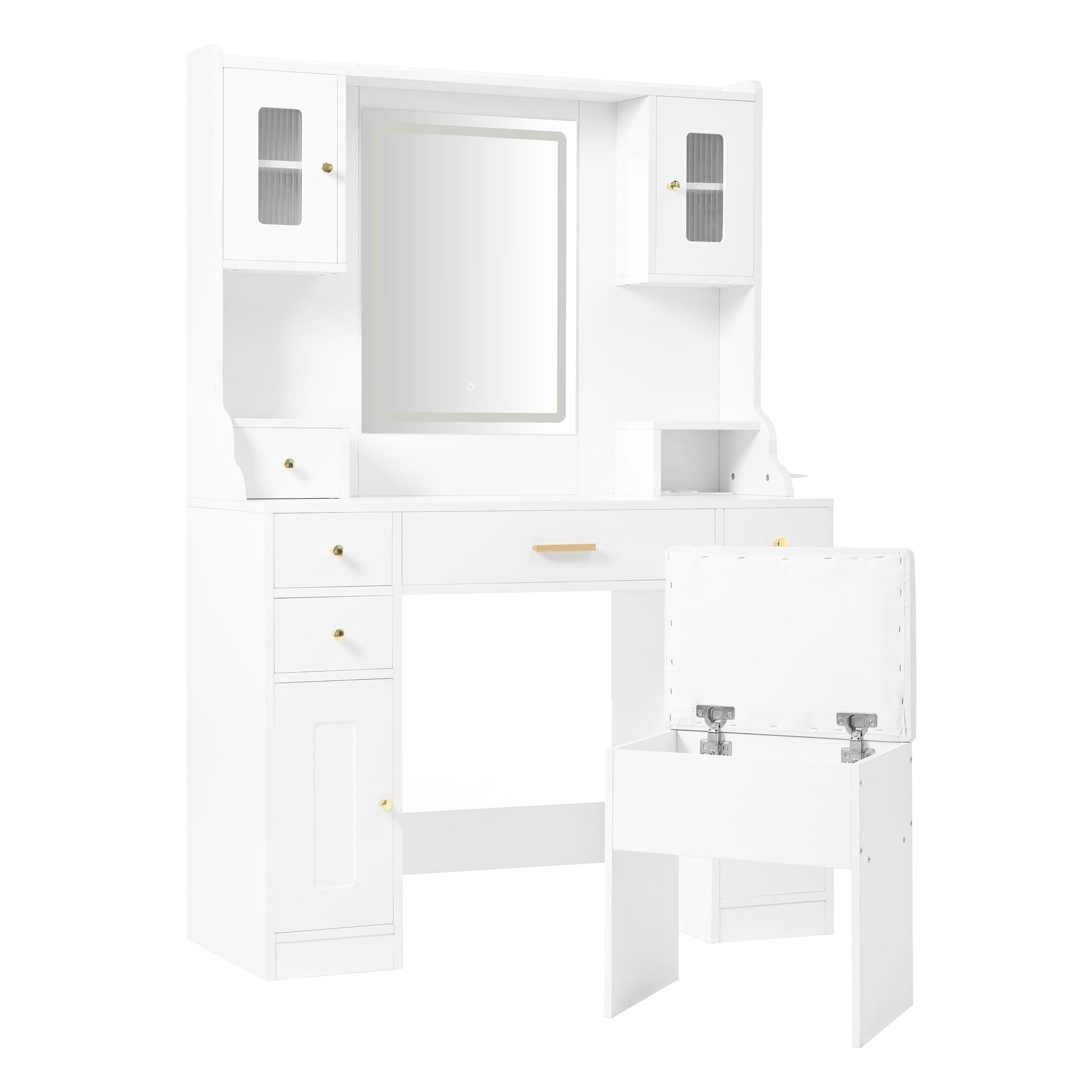 Dressing table with adjustable LED lighting, power outlets, mirror, 6 drawers, 4 doors, white