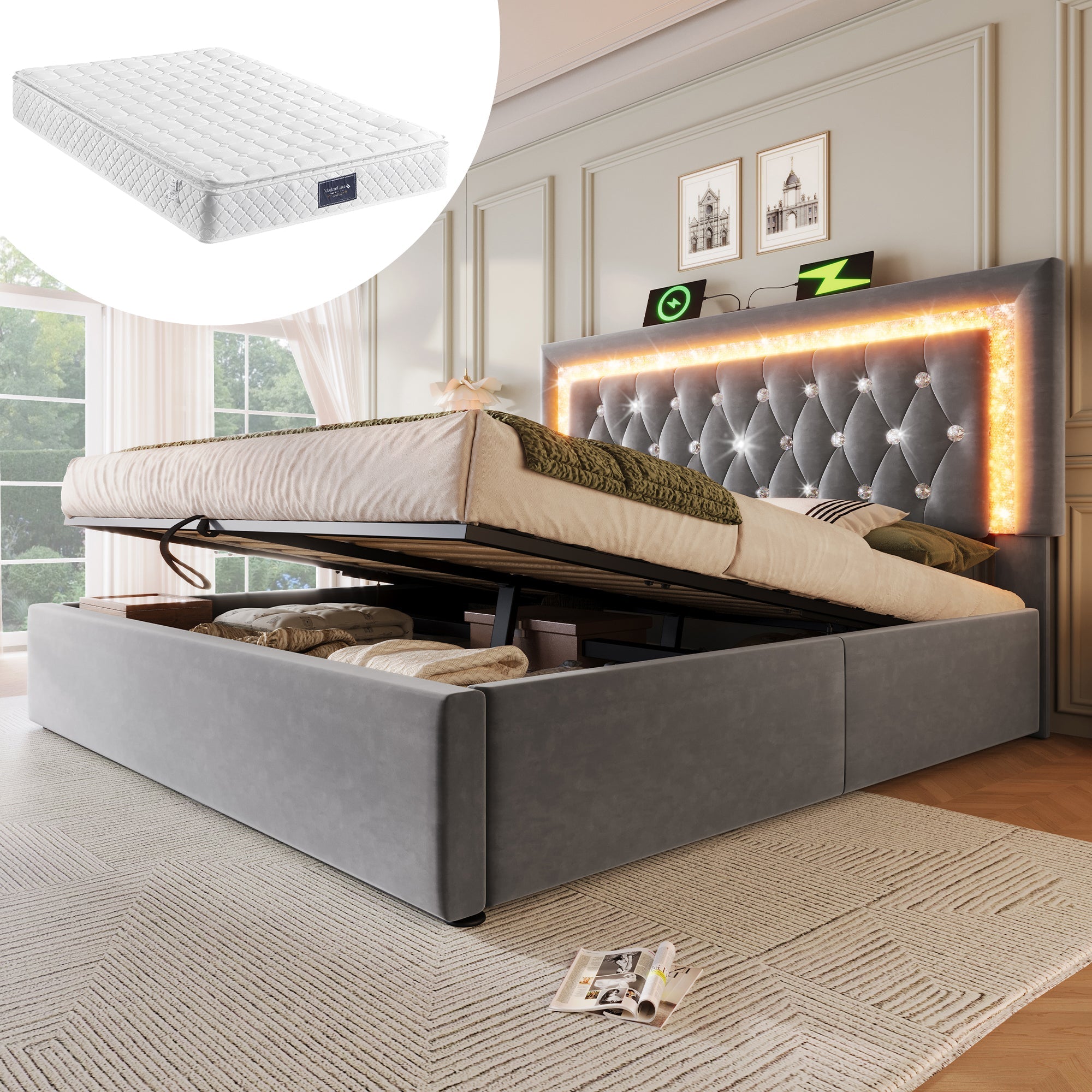 Upholstered Double Bed 140x200cm Hydraulic Storage LED Headboard USB/Type-C Velvet Grey