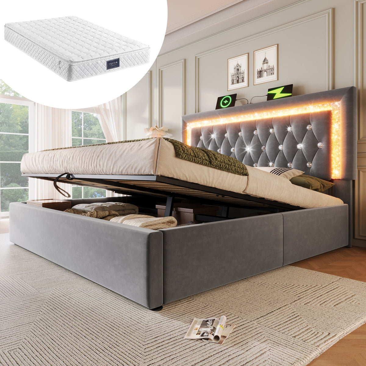 Upholstered Double Bed 140x200cm Hydraulic Storage LED Headboard USB/Type-C Velvet Grey