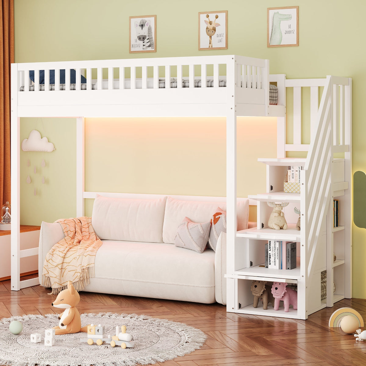 Loft Bed with LED Light Strip and Interchangeable Safety Ladders, 90x200cm, White Solid Pine Wood