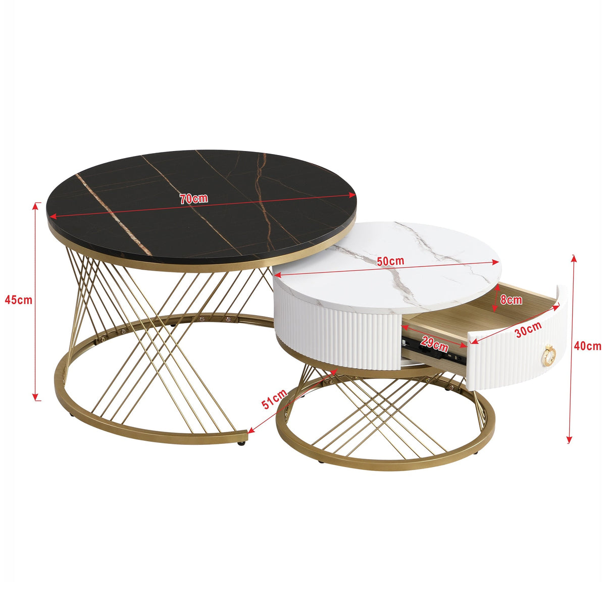 Modular Coffee Table Set of 2, Drawers Marble Look, Gold Decor