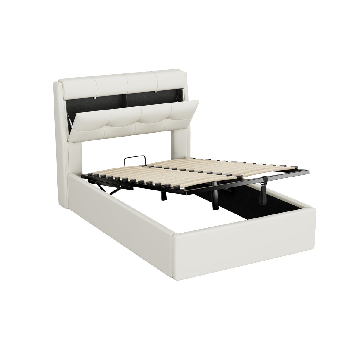 Upholstered Bed 90x200 Hydraulic Bed Box & Headboard Storage PU White