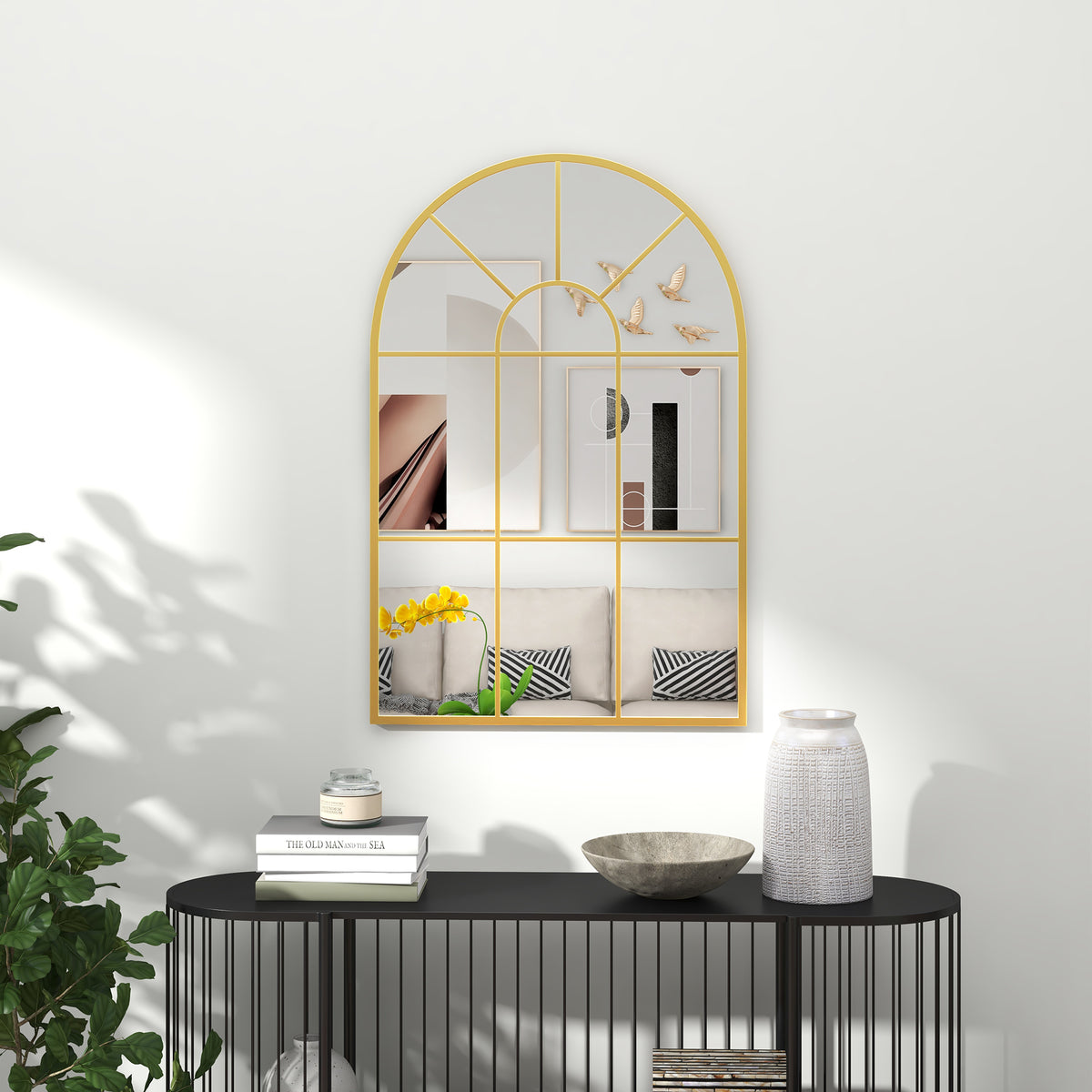 Wall Mirror, 91x60 cm Decorative Window Frame, Gold Metal