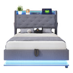 Children's Bed, Upholstered with Lights, USB, Storage, Gray Linen
