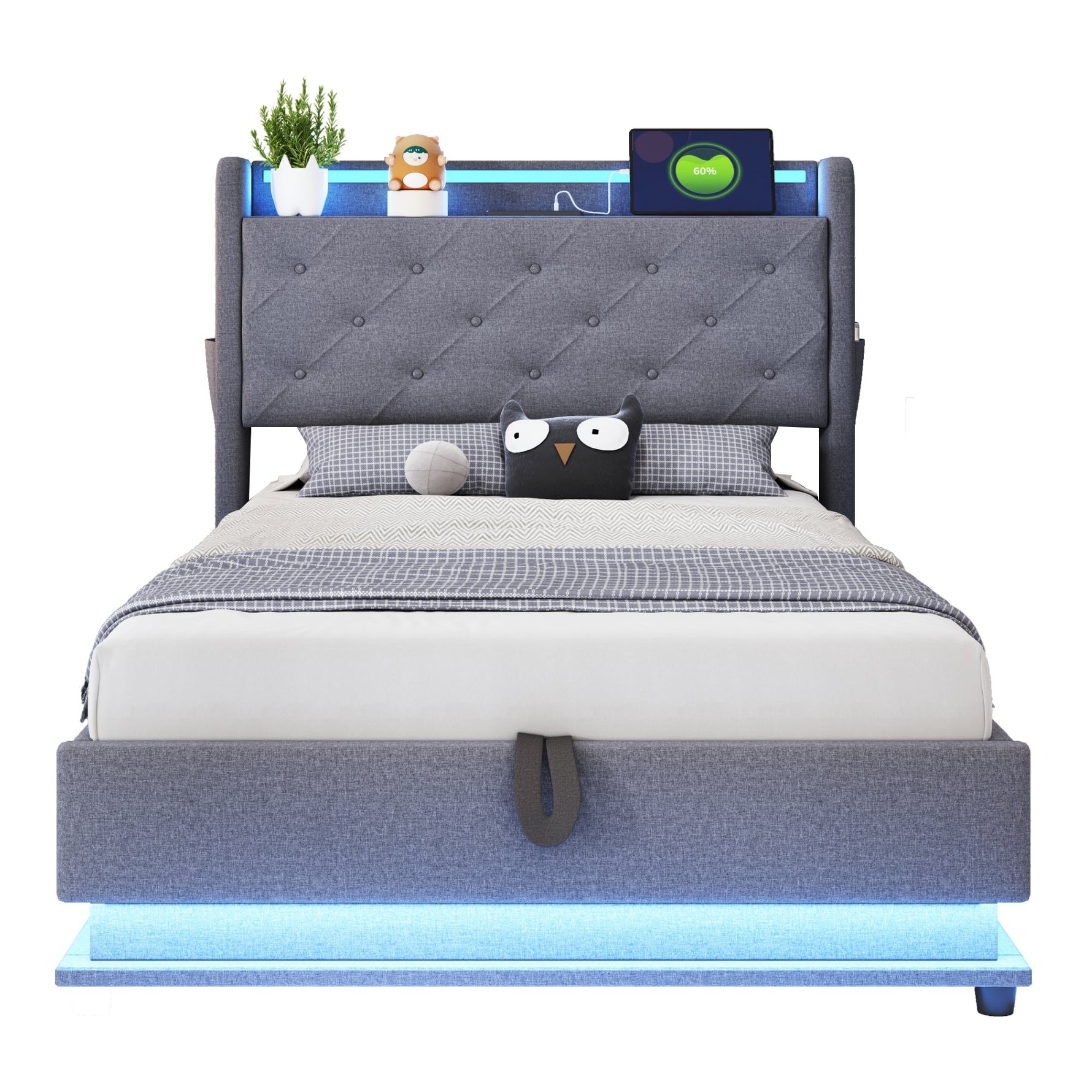 Children's Bed, Upholstered with Lights, USB, Storage, Gray Linen