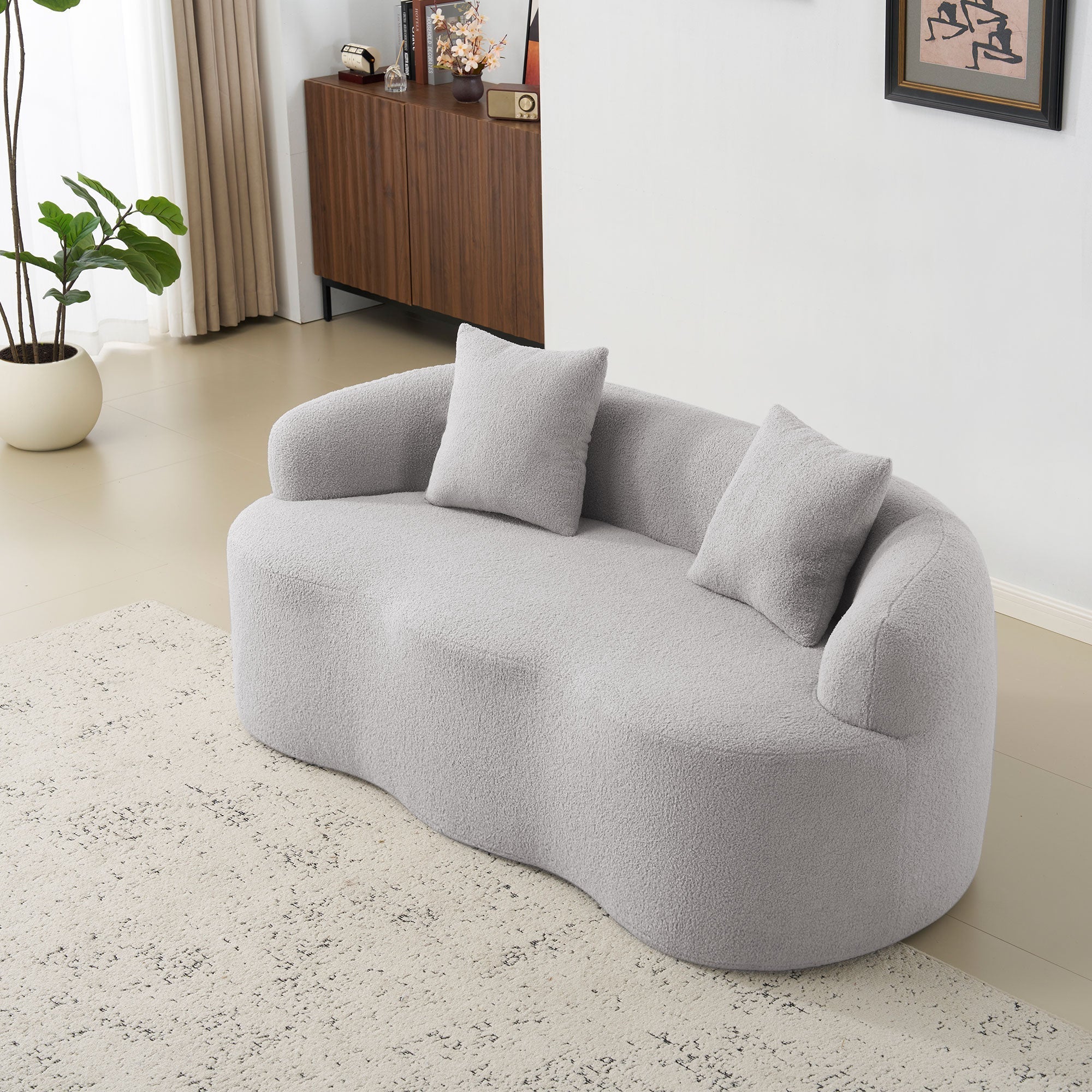 Curved Double Sofa, Compression Bedroom Couch with 2 Pillows and Round Arms, Light Grey