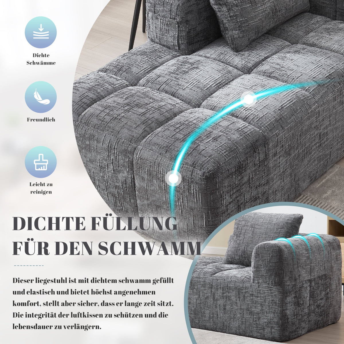 Chaise Longue Sofa, No Assembly Soft Cushions Side Pockets - Grey