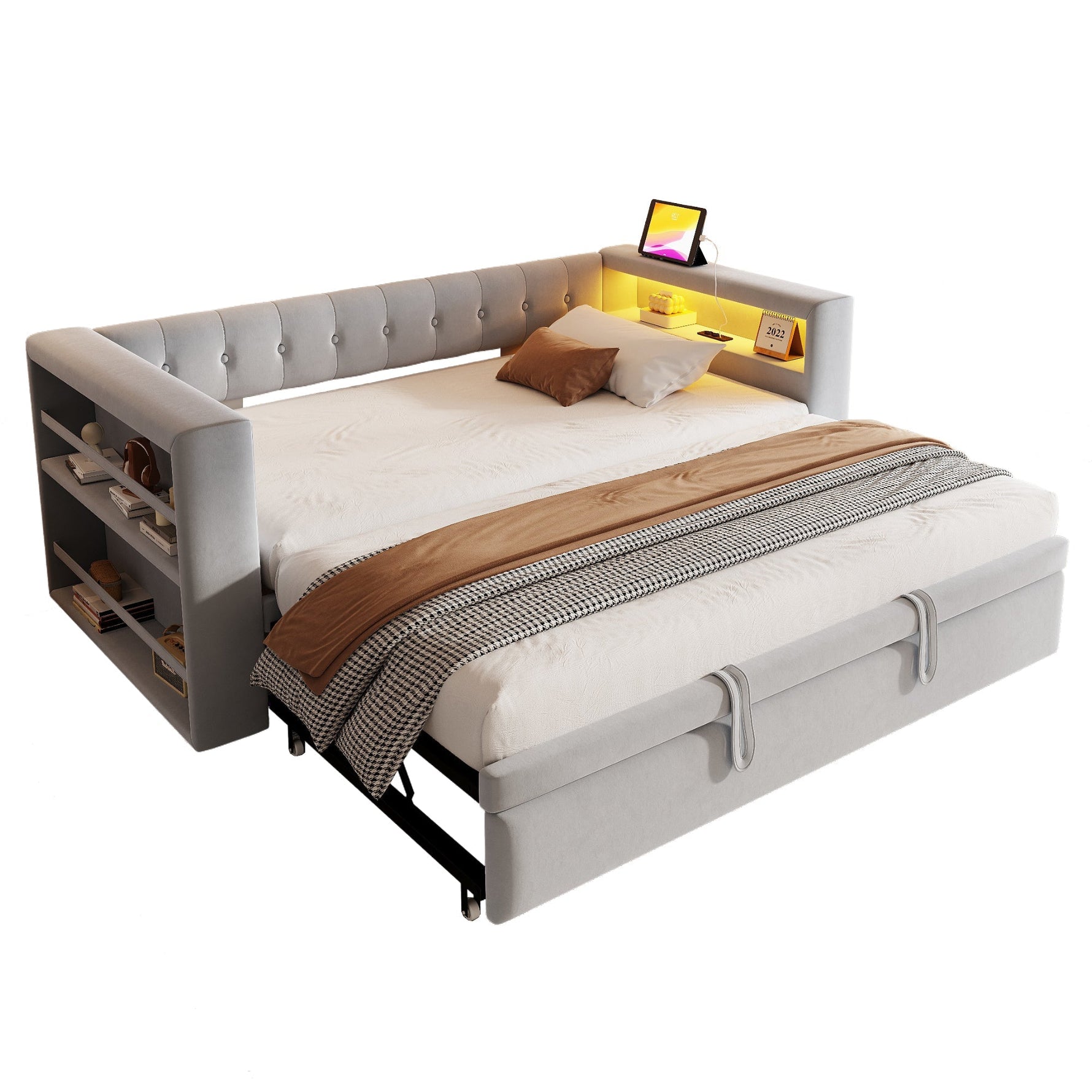 Upholstered Bed, Multifunctional Sofa Bed 90/180×190 cm, LED, Storage, Light Grey